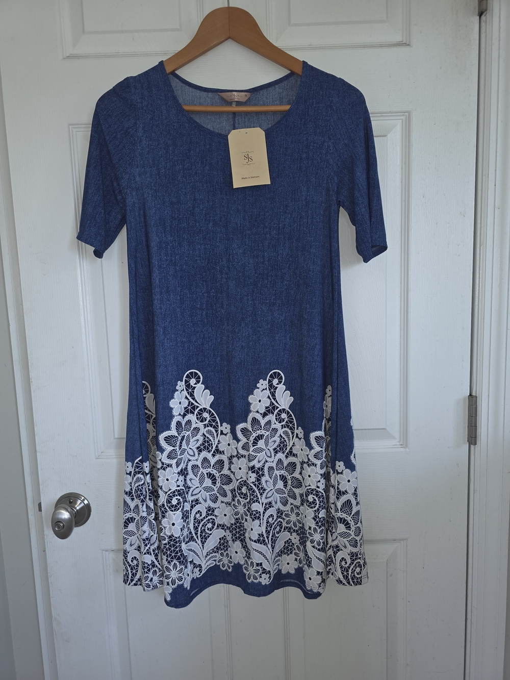 SJS Navy Dress with White Lace Floral Hem
